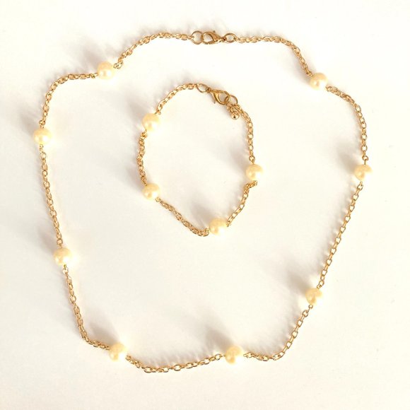 Pearl Necklace Cultured + Bracelet Gold Chain - Picture 1 of 5